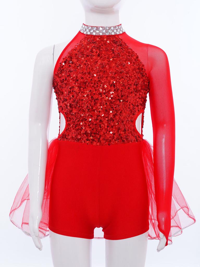 Костюм для танцевального выступления девочки Блестящий лиф с пайетками Трико с юбкой из тюля Вырез на талии Асимметричный комбинезон