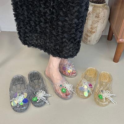 Хрустальные туфли сандалии женские на плоской подошве прозрачные полусабо уличная обувь цветочные туфли-желе мягкая подошва крутые тапочки сумка голова уличная обувь wo