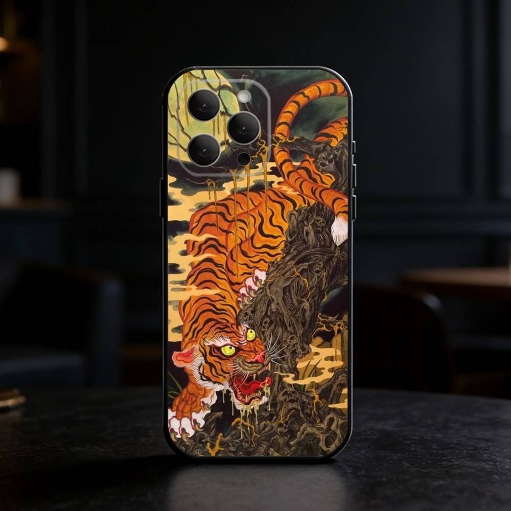 Japanese Ukiyo-e Tiger Phone Case Silicone black Soft For IPhone 17,16,15,14,13,12,11,SE,Plus Pro Max