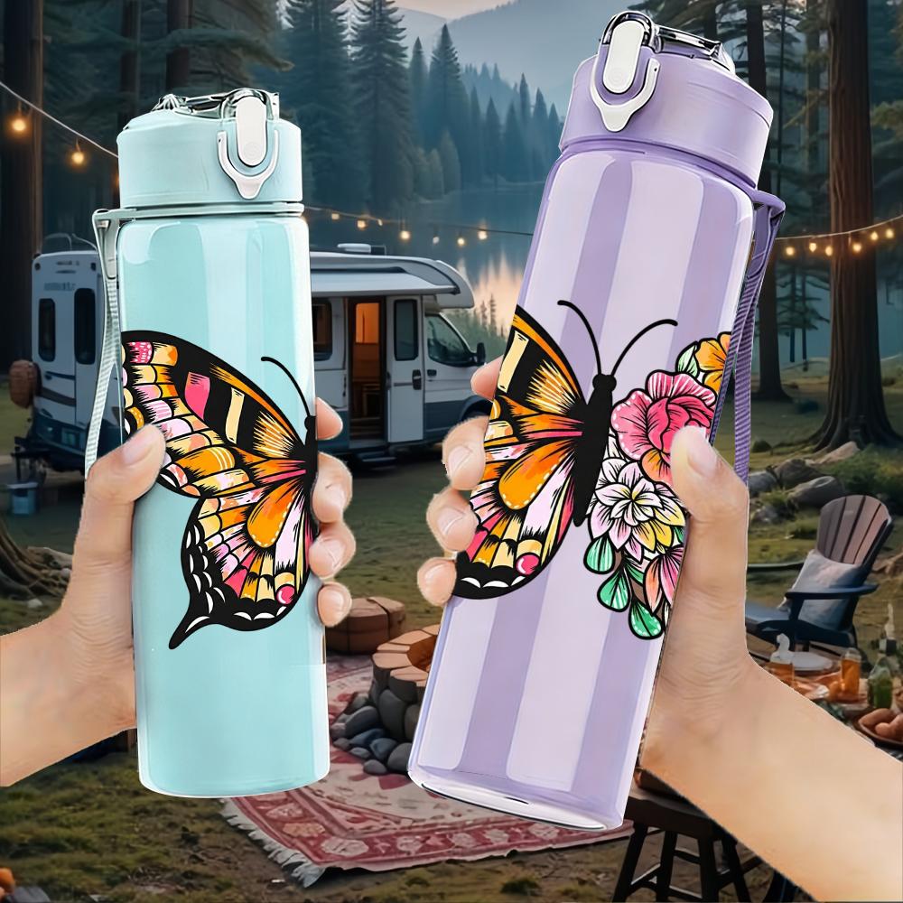 1PC Mixed Floral Wing Butterfly 750ml Color Plastic Sports Water Bottle Leakproof Flip Straw Lid Suitable for Sports Office Home Use