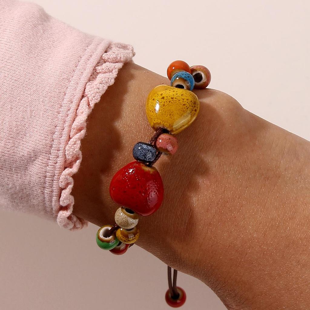 Ethnic Style Heart-shaped Ceramic Handmade Bracelet Rainbow Irregular Woven Bracelet Fashion Beaded Adjustable Bracelet