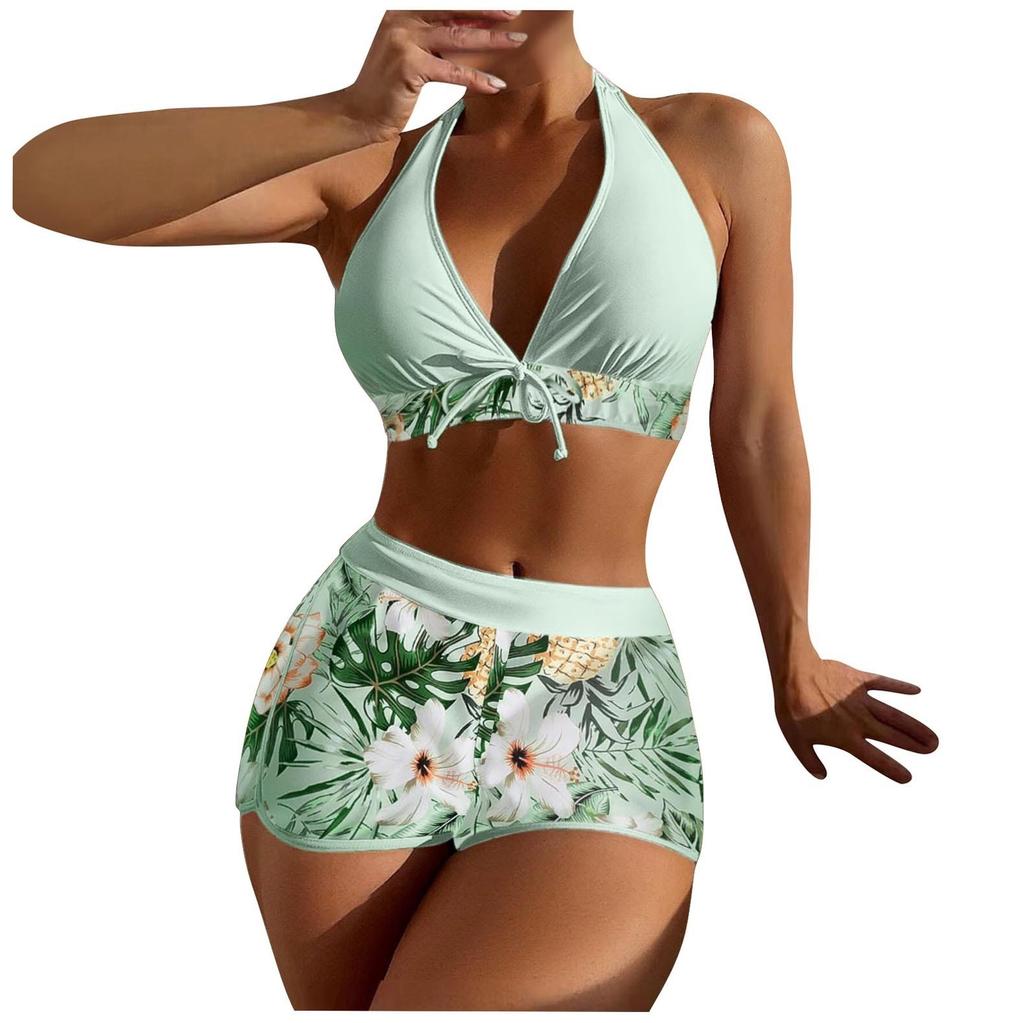 Women's Paneled Printed Swimsuit Ladies Fashion Sexy Split Boxer High Waist Swimsuit Two-Piece Set V-Neck Bathing Suits Female