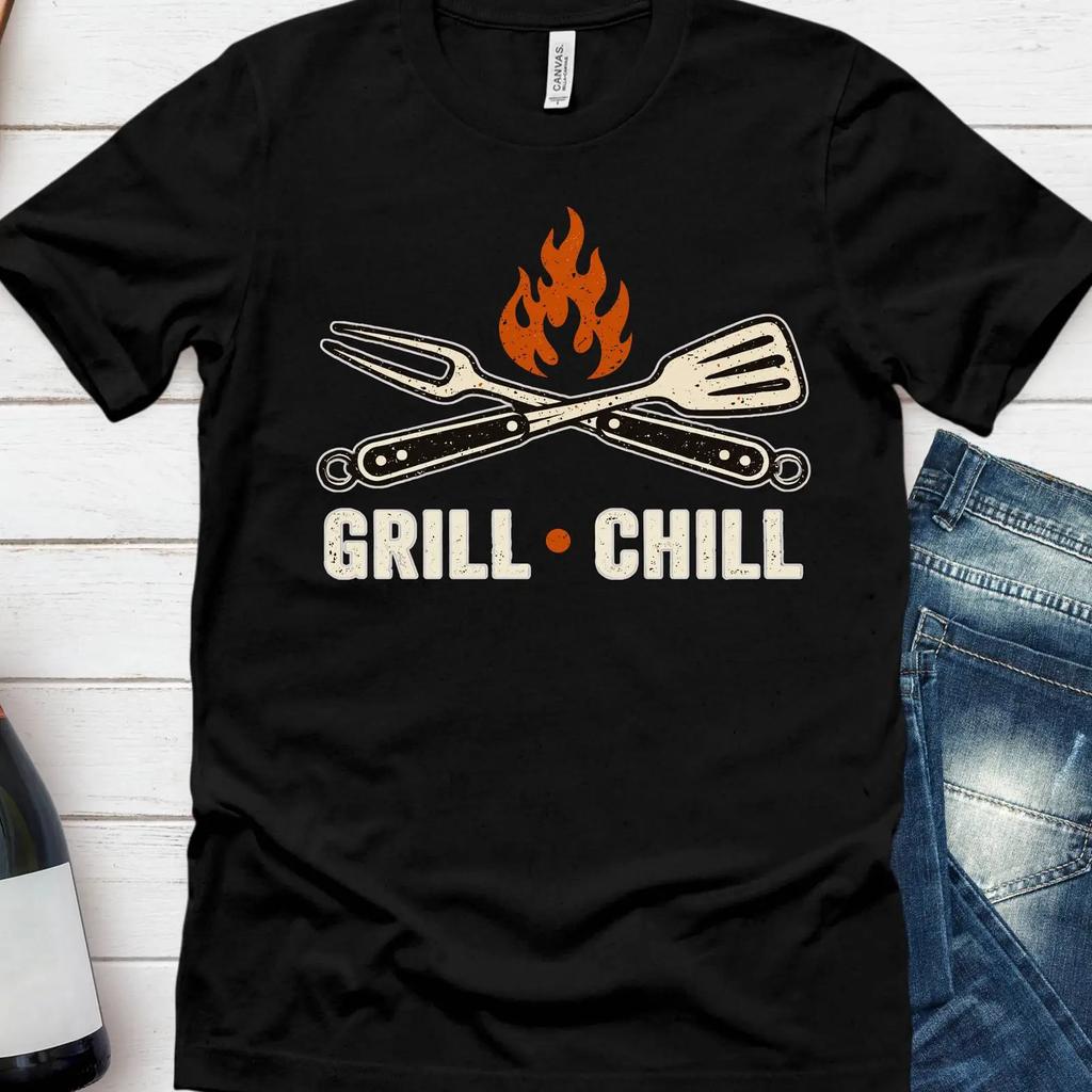 Grill Chill Bbq T Shirt Father Amp 39 S Day Grilling Barbecue Cookout Apparel Vintage Breathable Streetwear Stretched