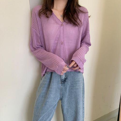 Тонкая вязаная солнцезащитная куртка-кардиган для женщин, весенне-летняя рубашка с v-образным вырезом и длинными рукавами, кондиционером