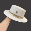Women Sumemr Belt Letter Decor Rhinestone Flat Top Round Brim Retro English Style Solid Color Lightweight Vacation Beach Cap