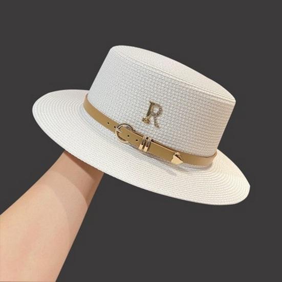 Women Sumemr Belt Letter Decor Rhinestone Flat Top Round Brim Retro English Style Solid Color Lightweight Vacation Beach Cap