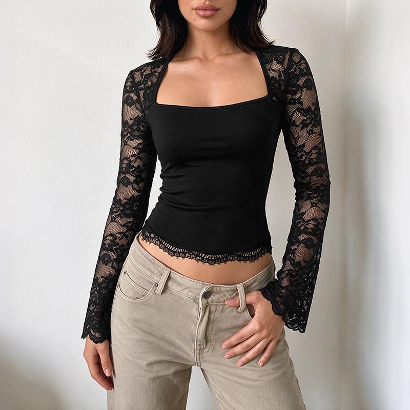 New Pure Erotic Style Lace Square-neck Long-sleeved Short-sleeved Top for Women