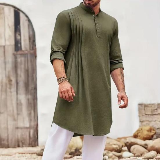 Men's Cotton Linen Kaftan Long Sleeve O-Neck Robe Solid Color Button-up Collar Thobe Breathable