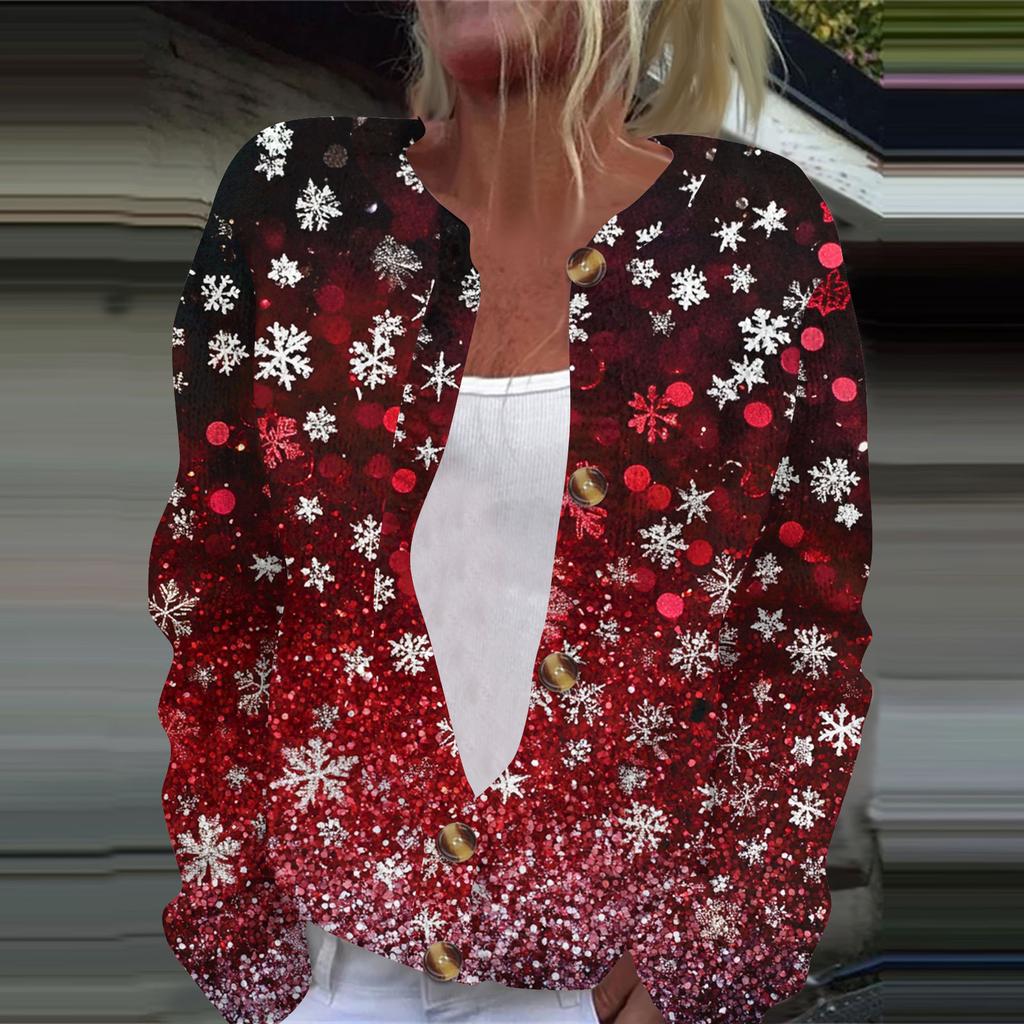 Women's Fashion Christmas Printed Long Sleeve Knitted Cardigan Button Down Jacket