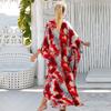 Red Tie-dye Printed Bikini Cover-up Swimsuit Robe Casual V-neck Side Slit Summer Beach Skirt Women's Beachwear Swimsuit Cover-up
