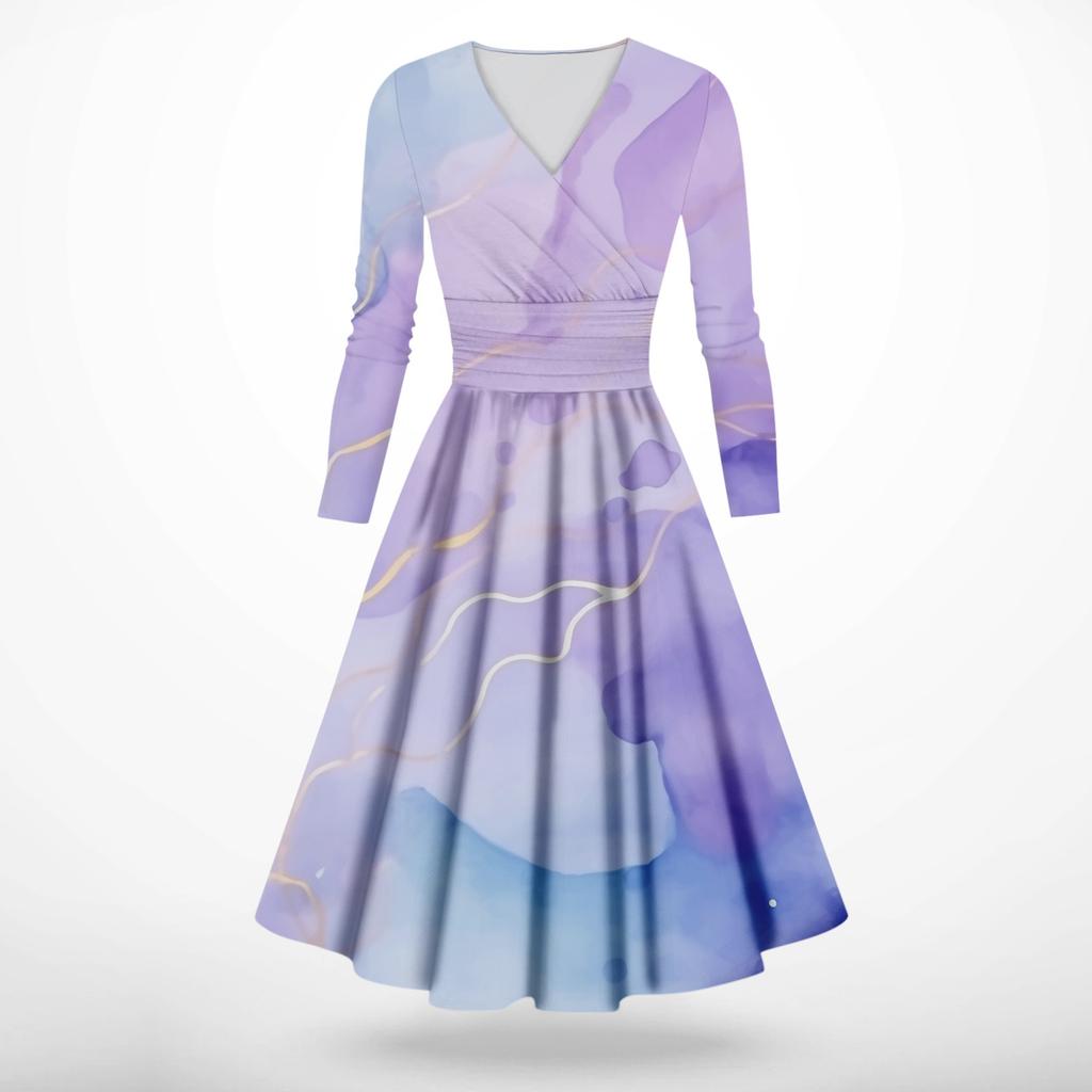 Женская мода повседневное платье с длинным рукавом и v-образным вырезом с принтом и карманами