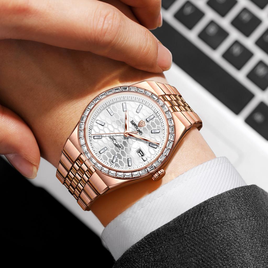 BINBOND Top Luxury Men's Quartz Watch Men's Diamond Watch Waterproof Night Light Date Week Stainless Steel Watch
