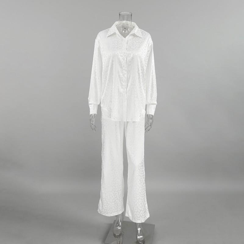 Satin Leopard Jacquard Long Sleeve Loose Pajama Set Women Comfortable Sleepwear With Collar Full Length Pants