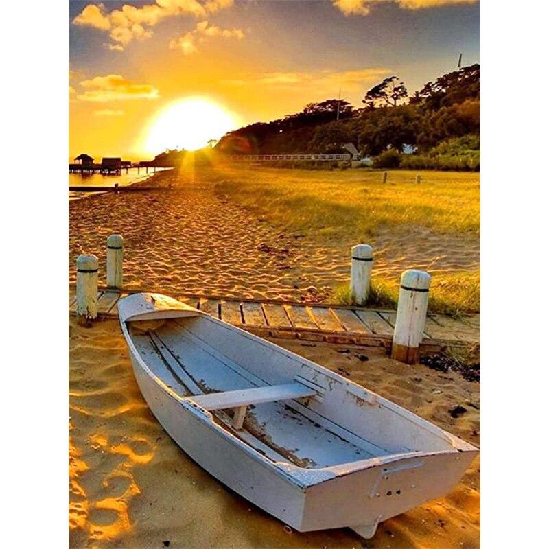 5D DIY Diamond Painting Sunset Boat View Diamond Embroidery Sea View Cross Stitch Flower Full Round Drill Home Decor Gift