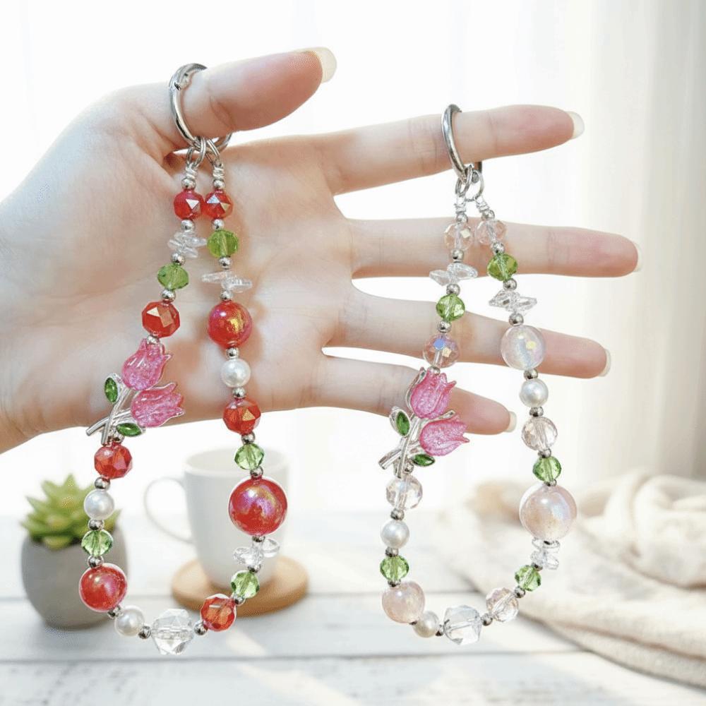 Pearl Cell Phone Chain Tulip Flower Mobile Phone Lanyard Crystal Bead Phone Strap New Year Gift
