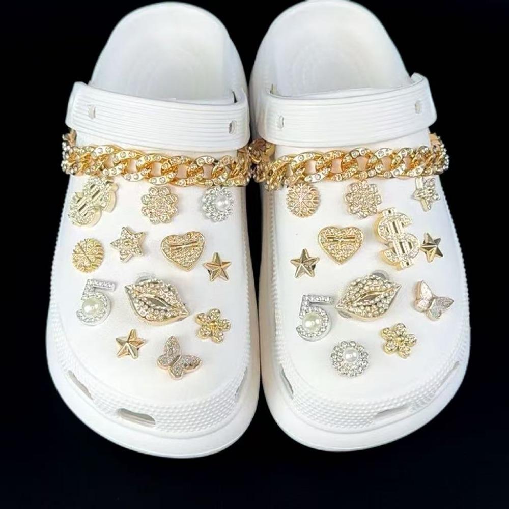 24/26PCS Shoe Charms Set Golden Lip Letter Butterfly Pentagram Chain Shoe Decorati Buckle for Sandals Clogs DIY Accessories Gift
