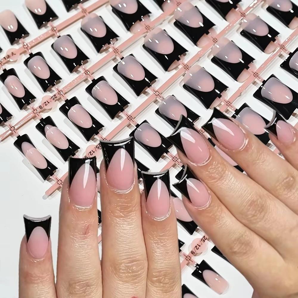 120 Pieces Glossy Black Duck Press On Nails Nude Medium French Tip Nails For Nail Art