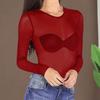 See-through Mesh Bottoming Tops Women O-Neck Long Sleeve Slim Fit Shirt Sexy Clear Sun