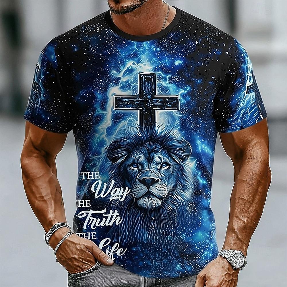 Men's Lion Cross Christian T Shirt Short Sleeve T shirt 3D Print Crew Neck Shirt Religious Casual Daily Party Blue Red Green
