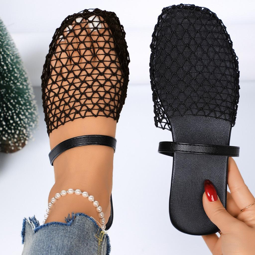 Fashionable Style Cut-out Fishnet Bread Toe Sandals Women's New Wear Flat Soles Comfortable Casual Slippers Tide