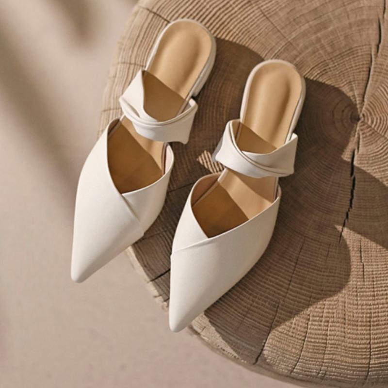 Мода 2024 года, лето, новые модные однотонные простые женские полутапочки с острым носком, удобная кожаная обувь для улицы для женщин