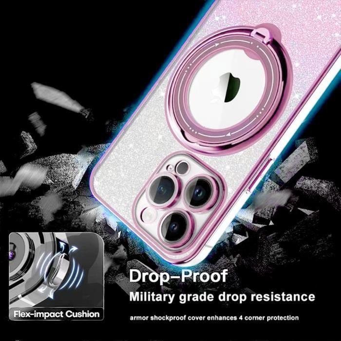 Coque de protection - Silicone - pour iPhone 16 Pro Max - Rose - Support rotatif - 2 Verres trempés