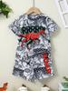 2pcs Boys Fun Dinosaur Print T-shirt & Shorts Set - Soft, Breathable, Stylish - Ideal Cool Summer Wear for Everyday Adventures!