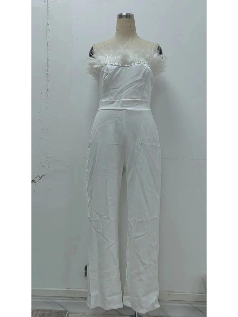 Весна/Лето 2025 Европейский и Американский Женский Комбинезон Бандо с Перьями на Одно Плечо и Открытой Спиной