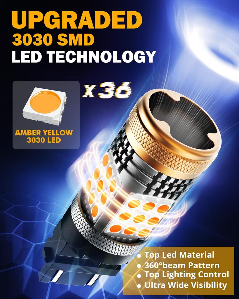 Auxbeam B21 Series 3157 LED Light Bulb Amber Yellow Built-in Resistor CANBUS Error Free