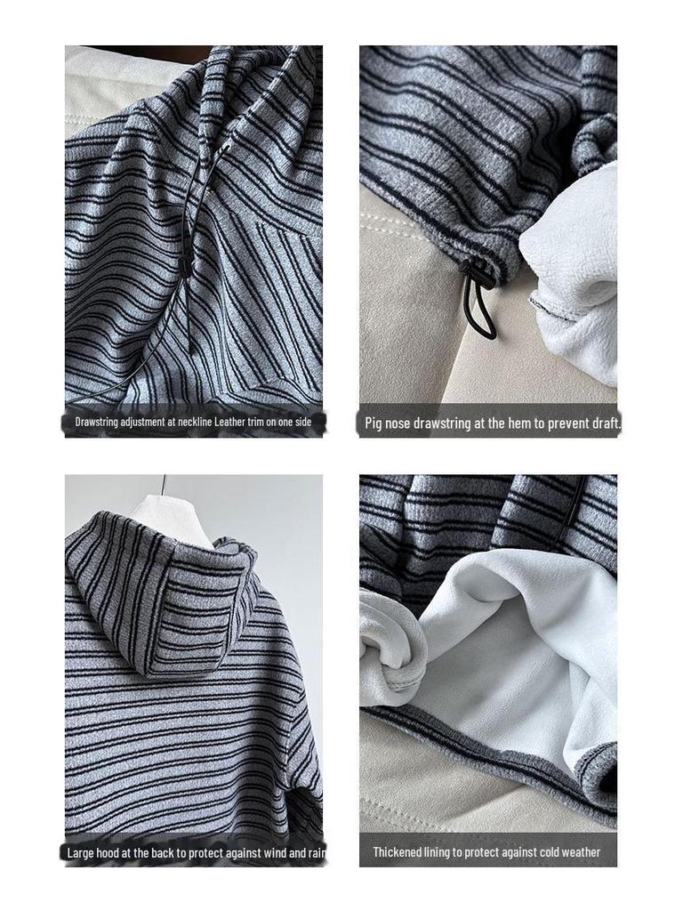 Женская корейская толстовка с капюшоном Luxi с контрастными полосками - Зима 2024 Плюс бархатный толстый повседневный топ 2839