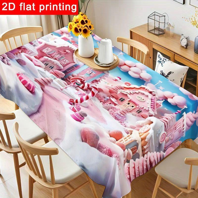 1pc Whimsical Candy-Themed Tablecloth - Soft Pastel Table Cover with Dreamy Gingerbread Village Design, Reusable & Easy to Clean for Birthday Parties,