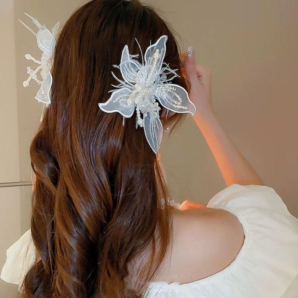 Mesh Lace Feather Hair Clip Floral Bridal Wedding Headwear Sweet Flower Hairpin Girl/Women