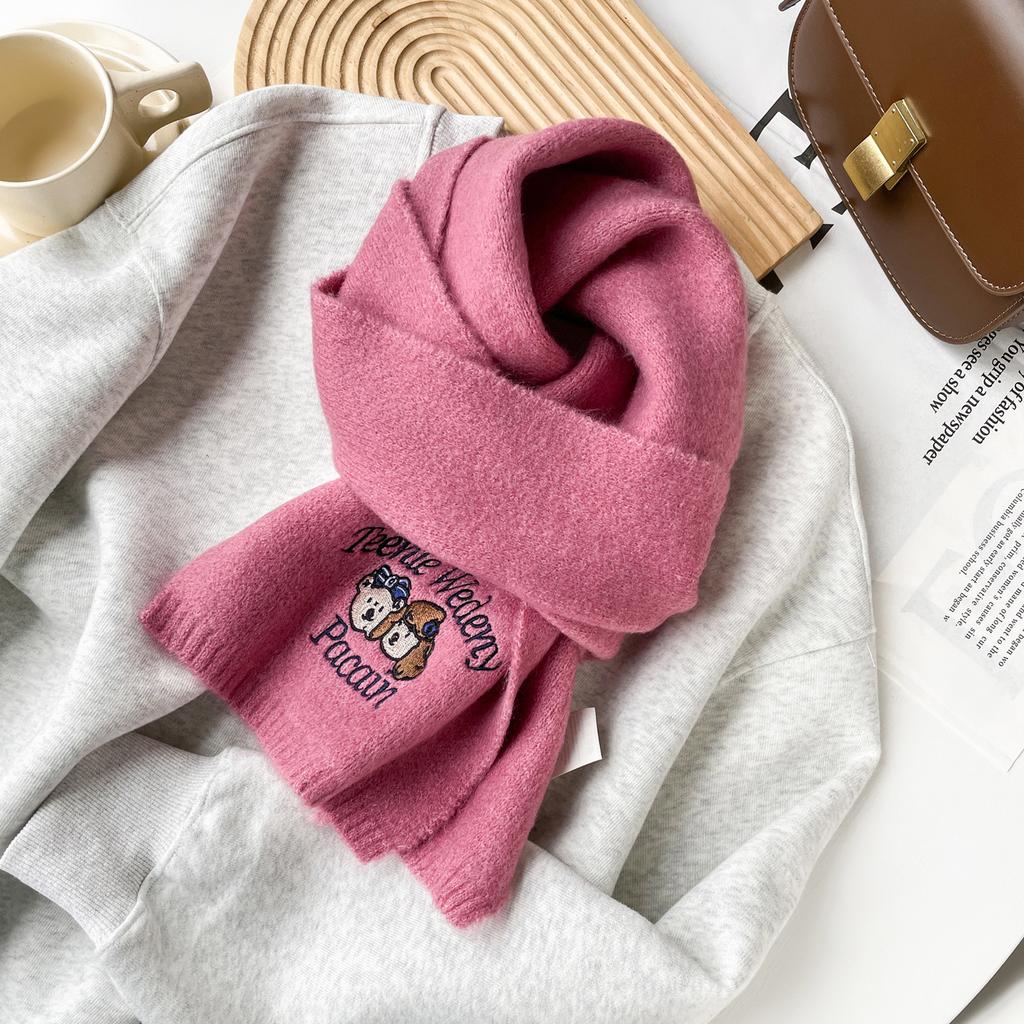 Cute Woolen Bear Scarf Embroidered Knitted Scarf For Women Winter Advanced Warm And Cold-Proof Versatile Student Woolen Scarf
