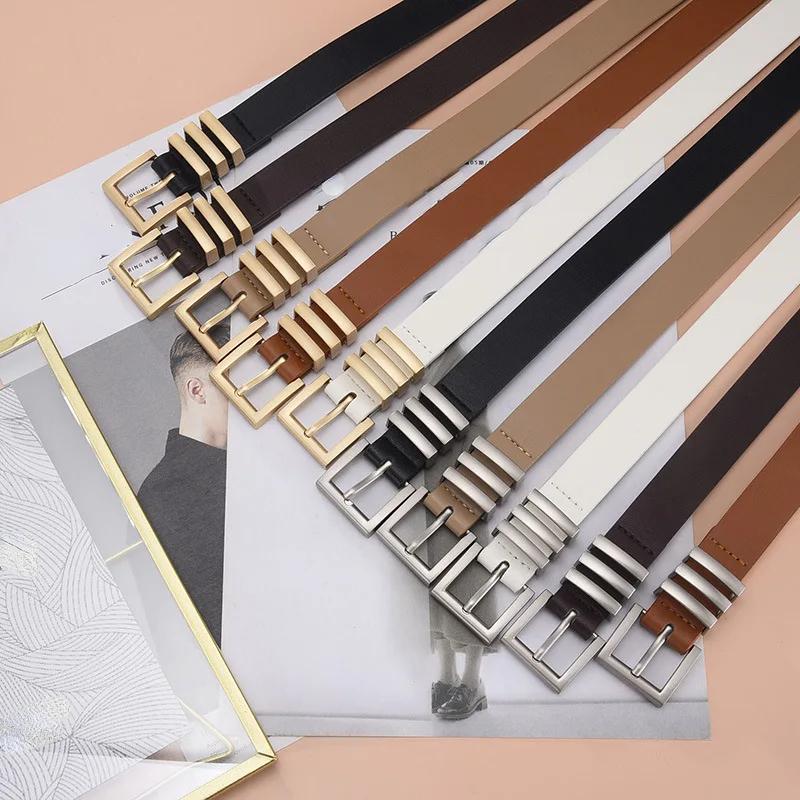 Модные ремни для женщин, золотые/серебряные ремни с пряжкой из цинкового сплава, 105 см, ремни из искусственной кожи, модные европейские ремни