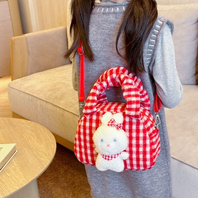 And Cozy Playful Plush Rabbit Shoulder Bag For Children With Trendy Checkered Design For Use Daily
