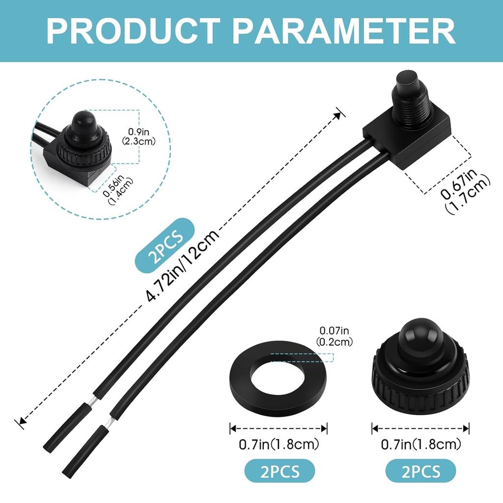 Waterproof Push Button Switch 12V ON/Off SPST Switch with 4.5''Lines KP-107 for Motorcycle Car Boat Bathroom Fan (2 Pack)