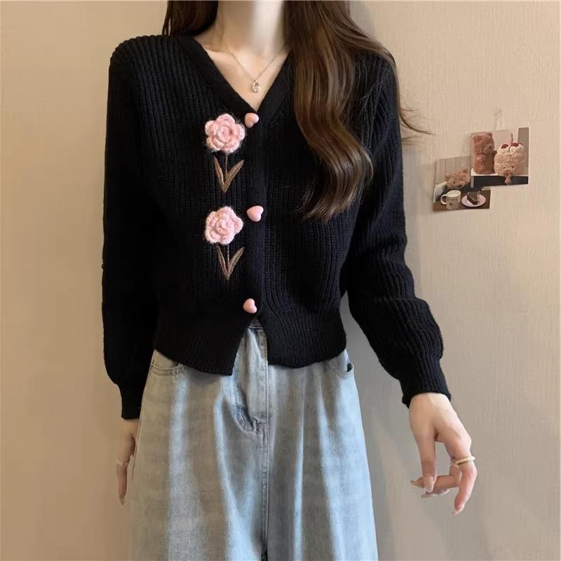 Толстый и нежный короткий вязаный кардиган свитер осенний сладкий трехмерный цветочный розовый топ