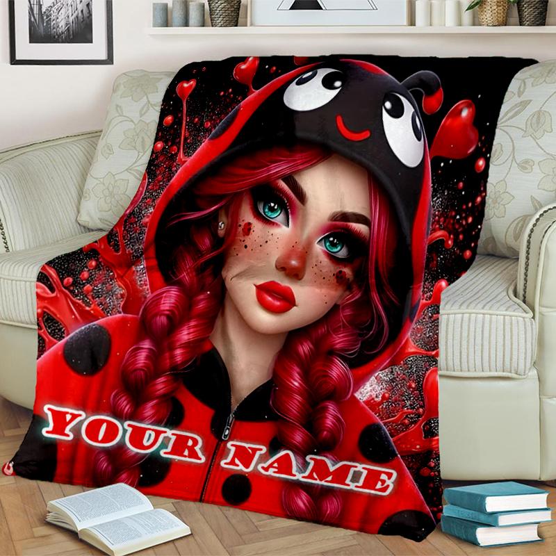 1PC Custom Name Ladybug Love Artwork flannel blanket versatile,all-season throw suitable for the living room,bedroom,camping,travel,and gift