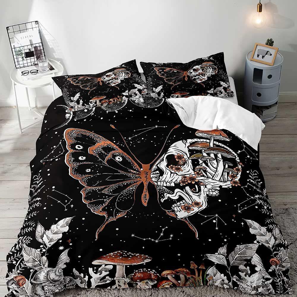 Red Mushroom Three-piece Quilt Cover 3D Digital Printing Bedding Set Green Plant Plant Fungus Bed Cover
