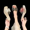 Slippers Women's High Heel Fine Heel Rhinester Bow Transparent Sandals 2024 New Women's Shoes Fashionable and Sexy High Heels