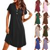 Women's Fashion Flare Short Sleeve V Neck Pajamas Casual Button Solid Color Dresses