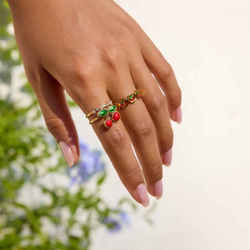 Yori Прибытие Масло Капающее Вишня Регулируемое Открытое Кольцо 18K Золотое PVD Покрытие Нержавеющая Сталь Летний Популярный Шарм Ювелирное Изделие Подарок