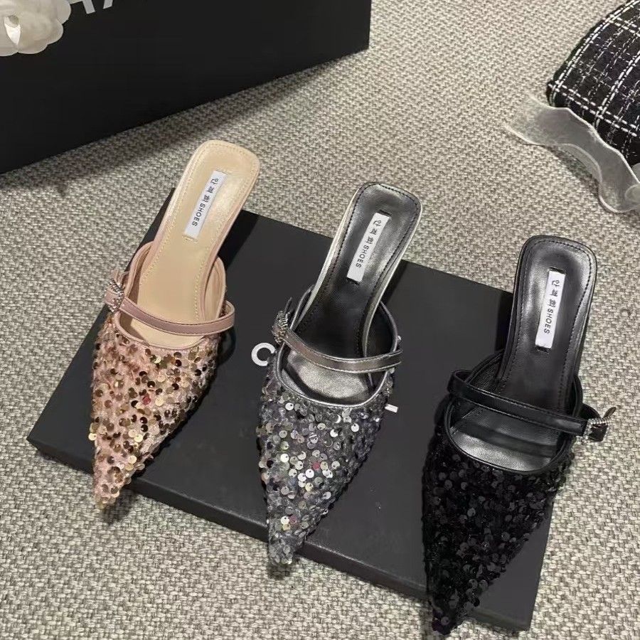 Sequins Black Slides with Heel Shoes Pointed Toe Women's Mules Slippers and Ladies Sandals Unique Korea Style Easy Wears Shoe 39