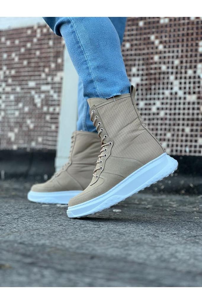 Men's Fashion Suede Flat Heeled Bootie Wg Beige Suede Long Lace Up Boots Shoes