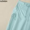 VONDA Women Summer Elastic Waist Drawstring Tie Solid Color Pants