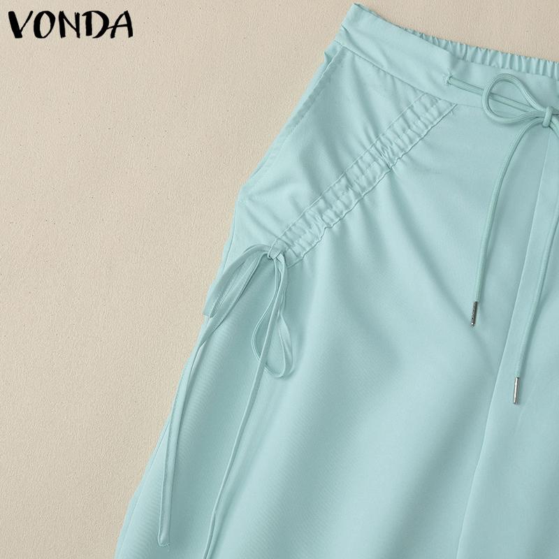 VONDA Women Summer Elastic Waist Drawstring Tie Solid Color Pants