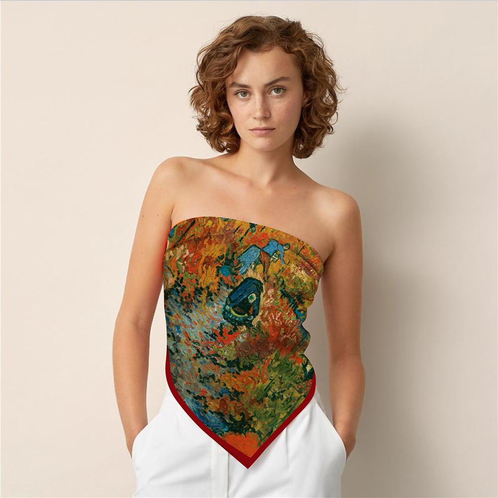 New Silk Scarf Women Wineyard Print Square Scarves Head Echarpe Silk Foulards Femme Wraps Beach Shawls Bandana Lady Hijabs 90CM