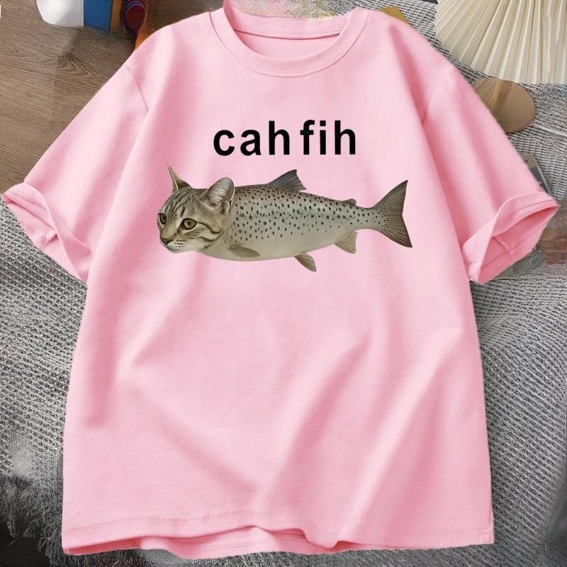 Cah Fih TShirt Fih Funny Mispelled Fish Meme T Shirt Cat and Fish Graphic Humor Tshirt Casual Cotton Short Sleeve Clothes Tops