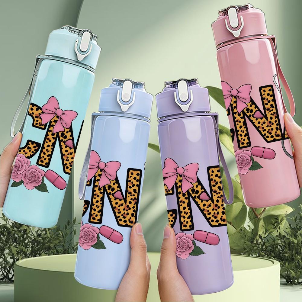 1PC CNA Leopard Floral Border 750ml Color Plastic Sports Water Bottle Leakproof Flip Straw Lid Suitable for Sports Office Home Use