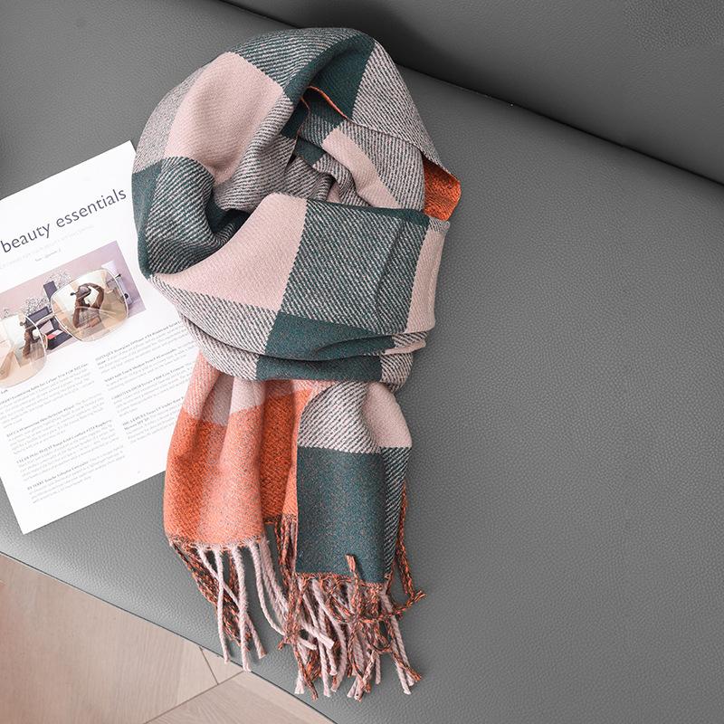 Ladies Plaid Scarf Female Student Versatile Autumn and Winter Shawl Double-sided with Cute Girl Warm Scarf Tide